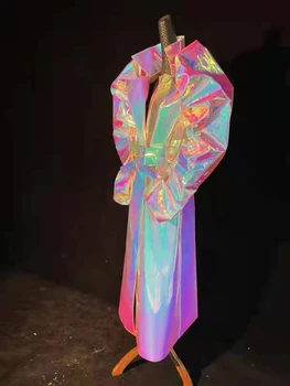  Reflexiva Rave dj lady gaga mostram Festival de músicas do cantor Luminosa tecido de Laser a Cores de Couro Design Trench coat