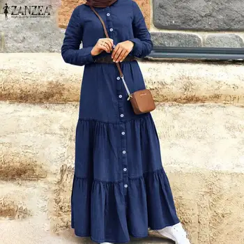  Elegante Botão Muçulmano Vestido das Mulheres de Outono Plissado Vestidos ZANZEA Casual turco Robe Feminino Demin Camisa Azul Vestido