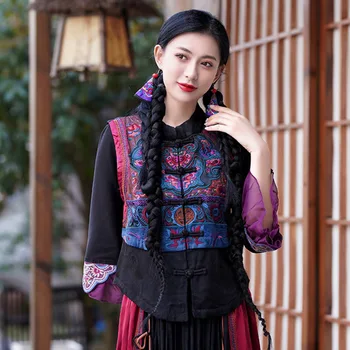  Nacional Do Bordado Tang Terno De Colete As Mulheres De Moda Gilet Estilo Chinês Tradicional Harajuku Vintage Feminino Casual Colete Curto