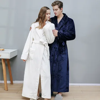  Outono Inverno Senhoras Camisola de Pijama Homens Loungewear Longo colar de recifes de Veludo, de Pelúcia mais grosso Casal Roupão de Flanela Quente Sleepwear