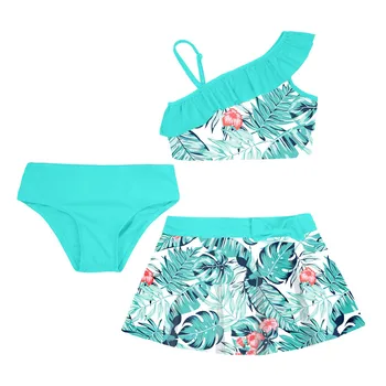 Crianças Meninas Natação Terno 3Pcs Swimwear Conjunto de Crianças maiô estampa Floral Crop Top Com Saia E Resumos de Conjuntos de roupas de Praia