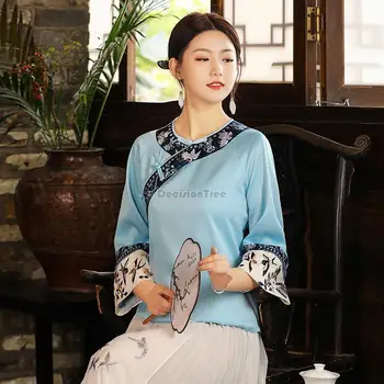  2023 retro estilo chinês flor impresso tang roupa de chá de mulheres maiores de curto casual gola redonda melhorado qipao cheongsam blusa g453