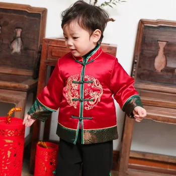  Meninos Chinês Tradicional Roupa Vermelha Do Bordado Do Dragão Tops, Calças, Casacos Tang Terno Novo Ano Hanfu Oriental Moda Streetwear