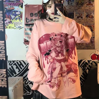  Doce menina bonito dos desenhos animados Japoneses rua estudante de Harajuku cor-de-rosa divertido kawaii top casual Ulzzang retro solta verão das mulheres T-shirt