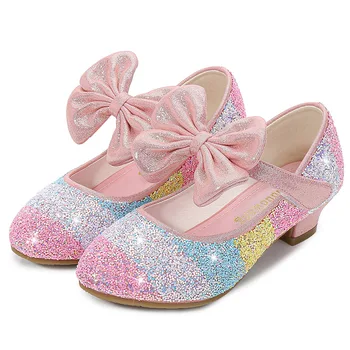  Menina Princesa Sapatos de Salto Baixo e Sapatos de Couro para Meninas Anti-Escorregadias Sapatos de Crianças gravata borboleta Meninas Calcanhares-de-Rosa Calçado