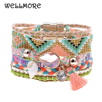  WELLMORE mulheres pulseiras de Couro, pulseiras bohemia esferas frisado charme pulseiras para mulheres moda jóias drop shipping