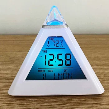  7 Cores Coloridas Pirâmide LCD, Relógio Despertador Luz da Noite Termômetro Digital Relógio de Parede Calendário Cronômetro Digital Led Relógios de Alarme