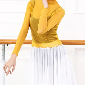  Outono Recém Moda Sexy Feminino Adulto, Dança Roupas Rodada-pescoço Translúcido Transparente Blusa Ballet Dança Fantasia