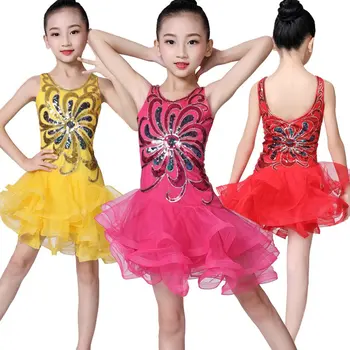  Crianças\'s Fashion Girl Dance Dress Sólido Lantejoulas Meados de Malha Fofo Crianças Trajes de Dança latina Palco Vestido de Dança