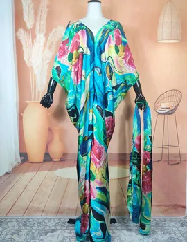  Oriente Médio Impressos Coloridos Boho Senhora Senhora Sexy V-Pescoço Kaftan Vestido De Correspondência Cachecol-Se Dashiki, África Muçulmana Oversize Abaya