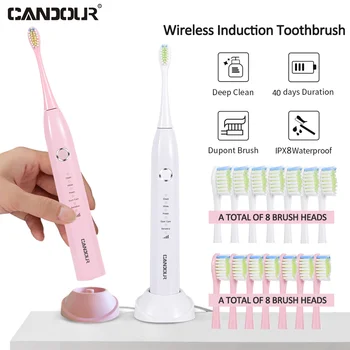  CANDURA 5166 Sonic Escova de dentes Elétrica Adultos Timer Pincel Recarregável USB Escovas de Dente Elétricas com 8pc Substituição da Cabeça da Escova