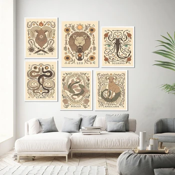  Boêmio Zodíaco Arte Cartaz Impressão De Lona Da Pintura Inspirada Astrologia Escorpião Com Virgem, Aquário, Áries, Leão Imagens Retrô Da Decoração Da Parede