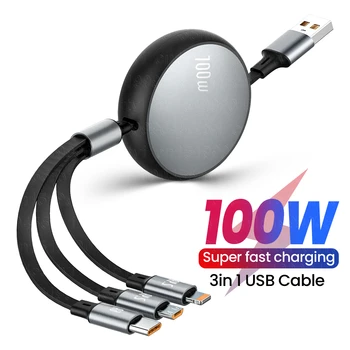  3in1 Retrátil 6A 100W Cabo USB para o iPhone 14 13 12 Pro Max USB Para 8 pinos, Tipo/C/Micro Carga Rápida Kable para Huawei Cabo de Dados