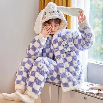 Kawaii Sanrios Anime Cinnamoroll Minha Melodia Novo Coral De Lã De Pijamas Para Mulheres De Outono Inverno Quente Thickened Homewear Conjunto De Desenhos Animados Presente