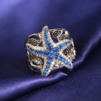  Personalidade Elegante pedra preciosa Safira Estrela-do-mar Anéis para Mulheres Reais de Prata Banquete de Festa Jóia do Anel