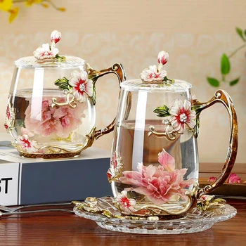  A beleza E a Novidade do Esmalte Xícara de Café, uma Caneca de Chá da Flor de Vidro Copos de Bebidas Quentes e Frias Xícara de Chá de Colher Conjunto Perfeito Presente de Casamento