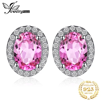  JewelryPalace 2.1 ct Oval Criado Safira Rosa 925 Brincos de Prata para Mulheres Gemstone Jóias Finas Presente de Aniversário