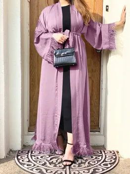  Muçulmano Abrir Abaya Vestido de Quimono para Mulheres Moda Verão Cardigan Pena Aparada Hijab Túnica Interna Vestido de Roupas DubaTurkey