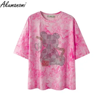  Oversized Floral Solto e Casual T-Shirt Feminina Verão cor-de-Rosa Verde Mais o Tamanho de T-shirt das Mulheres Camisetas de Manga Curta Crop Top T-Shirt