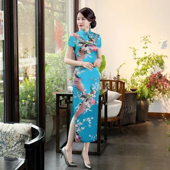  Fikoo Nacional Chinês Da Primavera Cheongsam Longo Vestido De Pavão Floral Vintage Vestidos De Seda
