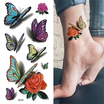  1pcs Borboleta 3D Tatuagens Adesivos de Flor de Rosa Meninas Mulheres a Arte de Corpo de Água de Transferência Temporária Etiqueta da Tatuagem do Braço, do Pulso Falso Tatoo